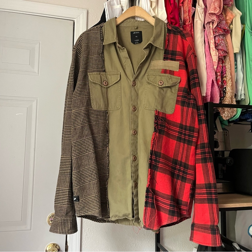 10. DEEP olive army green patchwork mixed media plaid flannel utility‎ shacket